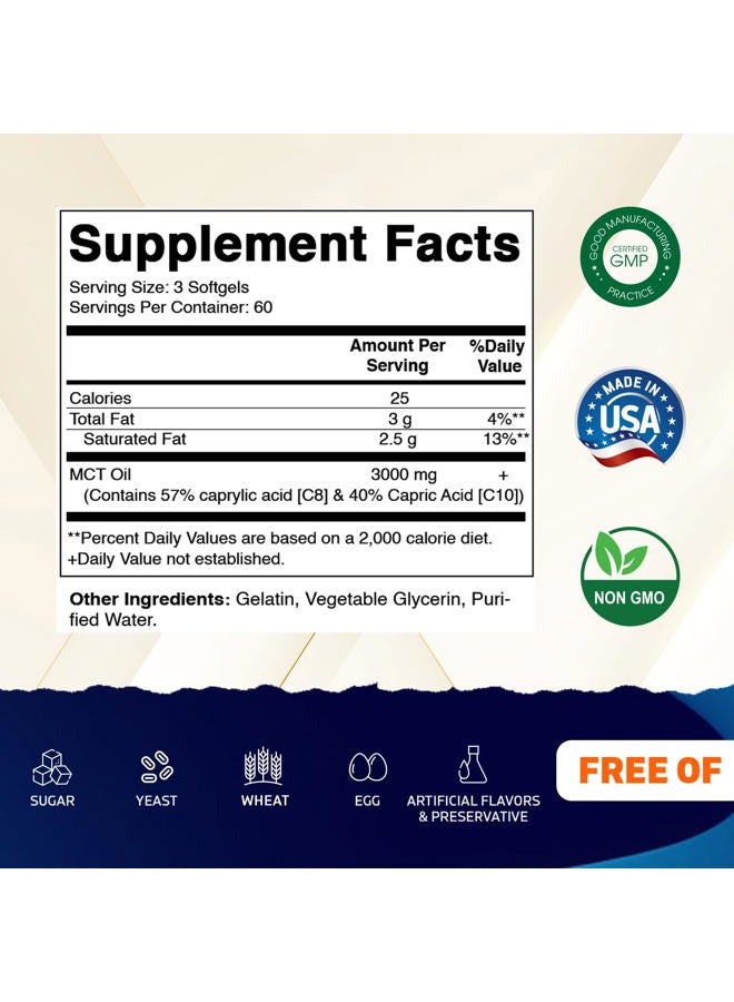 Vitamatic MCT Oil 3000 mg per Serving - 180 Softgels - from Coconut Oil - Contains 55% caprylic Acid C8 and 40% capric Acid C10 - Image 2